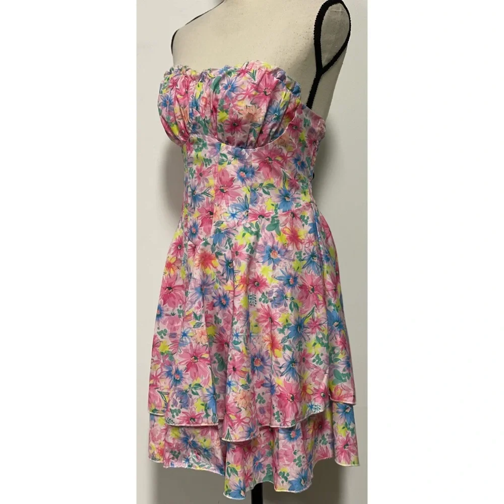 Shein Strapless Floral Mini Dress Pink Size L - Picture 9 of 13